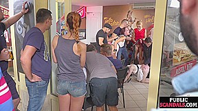 Public pissed sluts fucked in orgy in front of voyeurs