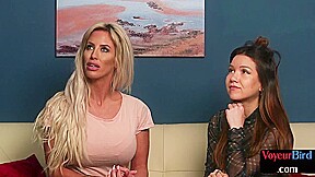 Cute voyeur babes watching guy jerking