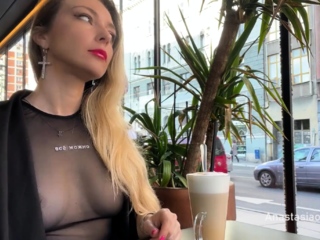Flashing tits in cafe with glass walls so all people